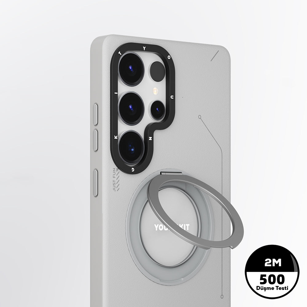 Galaxy S25 Ultra Kılıf M-safe Şarj Özellikli 360° Standlı Basit Mat Deri Desenli Youngkit Tech Leather Serisi Kapak Kahverengi