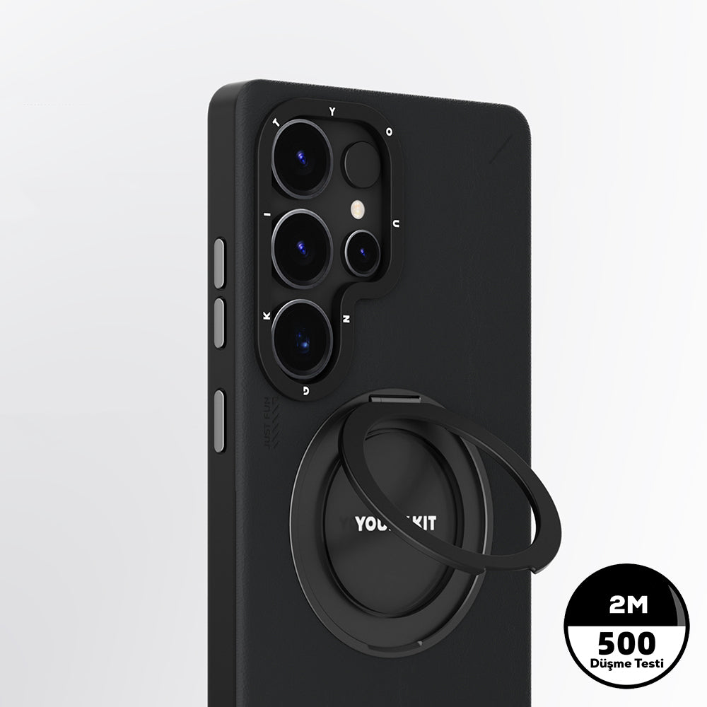 Galaxy S25 Ultra Kılıf M-safe Şarj Özellikli 360° Standlı Basit Mat Deri Desenli Youngkit Tech Leather Serisi Kapak Kahverengi