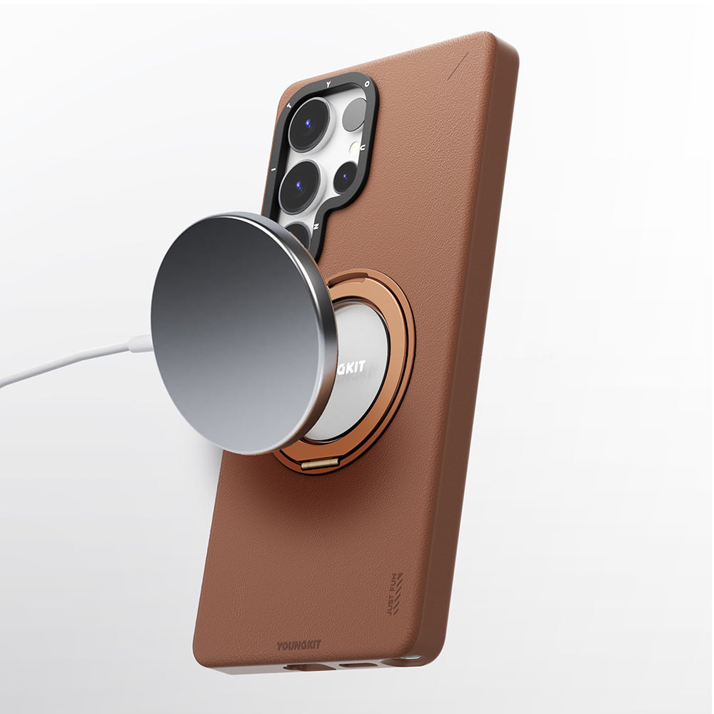 Galaxy S25 Ultra Kılıf M-safe Şarj Özellikli 360° Standlı Basit Mat Deri Desenli Youngkit Tech Leather Serisi Kapak Gri