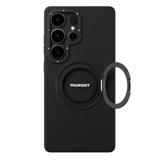 Galaxy S25 Ultra Kılıf M-safe Şarj Özellikli 360° Standlı Basit Mat Deri Desenli Youngkit Tech Leather Serisi Kapak Siyah