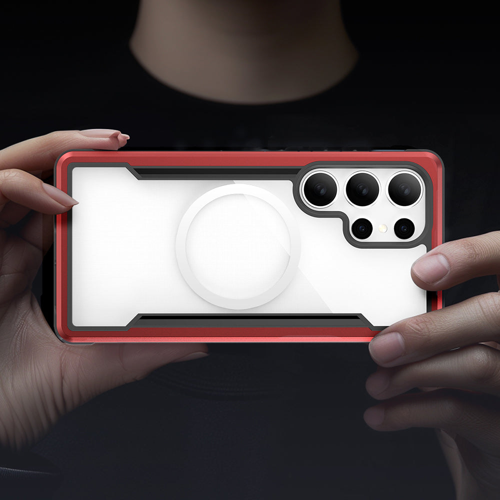 Galaxy S25 Ultra Kılıf M-safe Şarj Özellikli Airbagli Raptic Shield Serisi Şeffaf Arka Yüzey Kapak Kırmızı