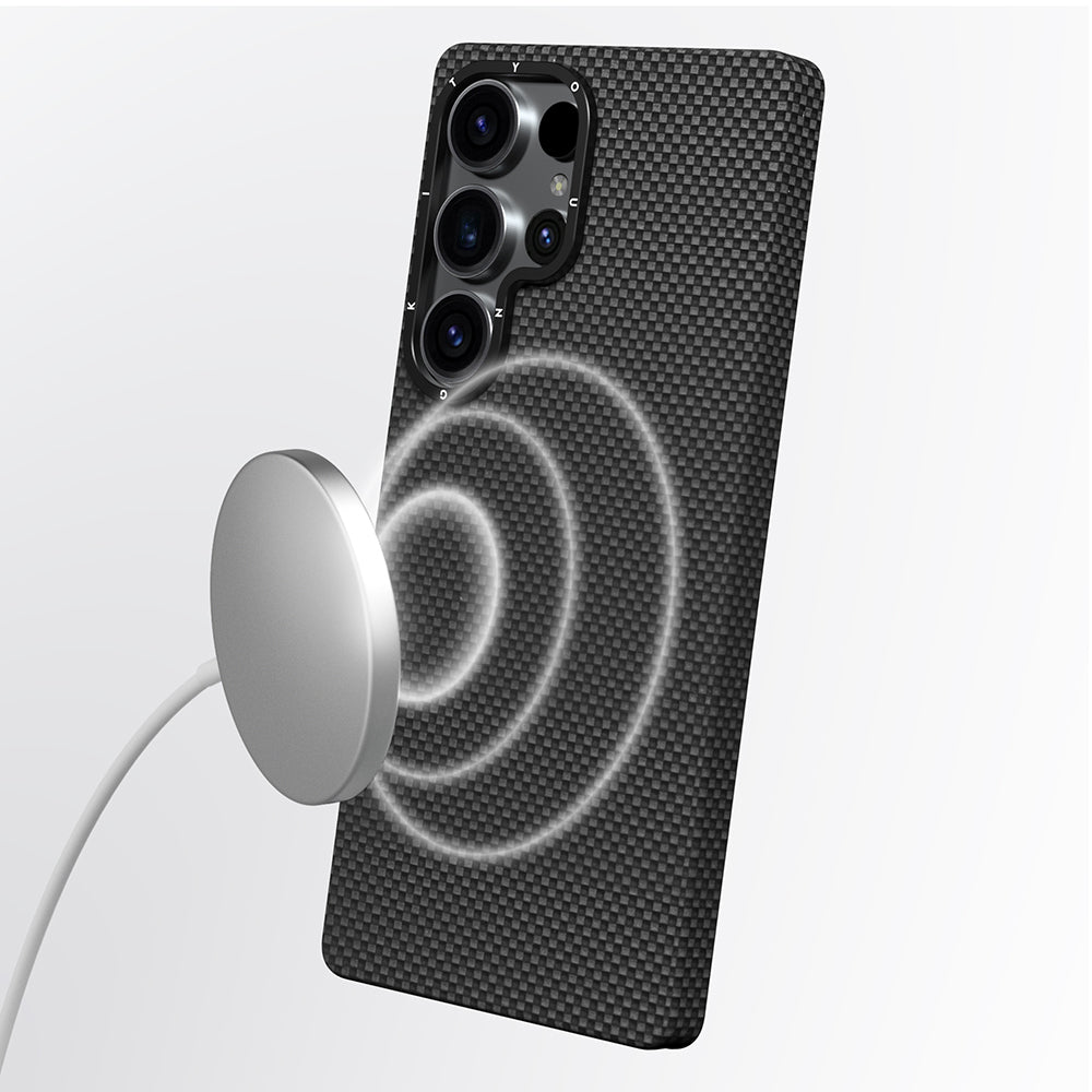 Galaxy S25 Ultra Kılıf M-safe Şarj Özellikli Aramid Fiber Youngkit 1500D Kevlar Extreme Wing Serisi Kapak Siyah