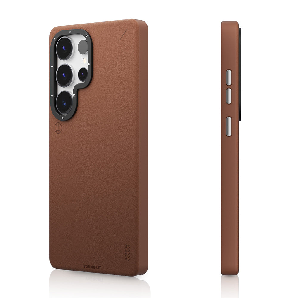 Galaxy S25 Ultra Kılıf M-safe Şarj Özellikli Basit Mat Deri Desenli Youngkit Tech Fashion Serisi Kapak Kahverengi