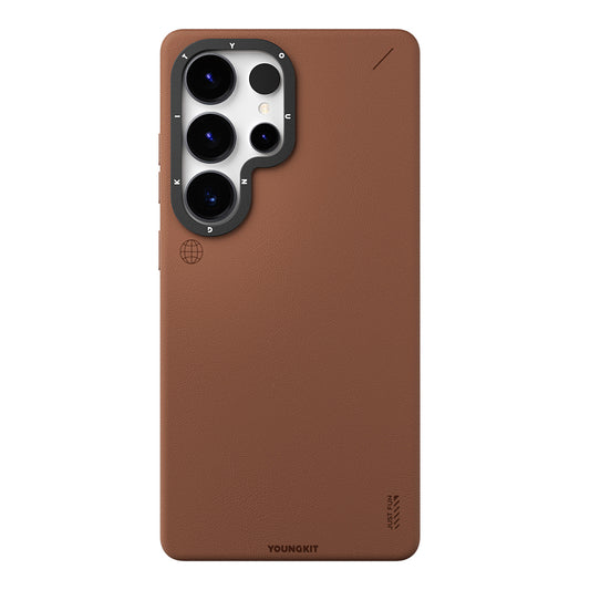 Galaxy S25 Ultra Kılıf M-safe Şarj Özellikli Basit Mat Deri Desenli Youngkit Tech Fashion Serisi Kapak Kahverengi