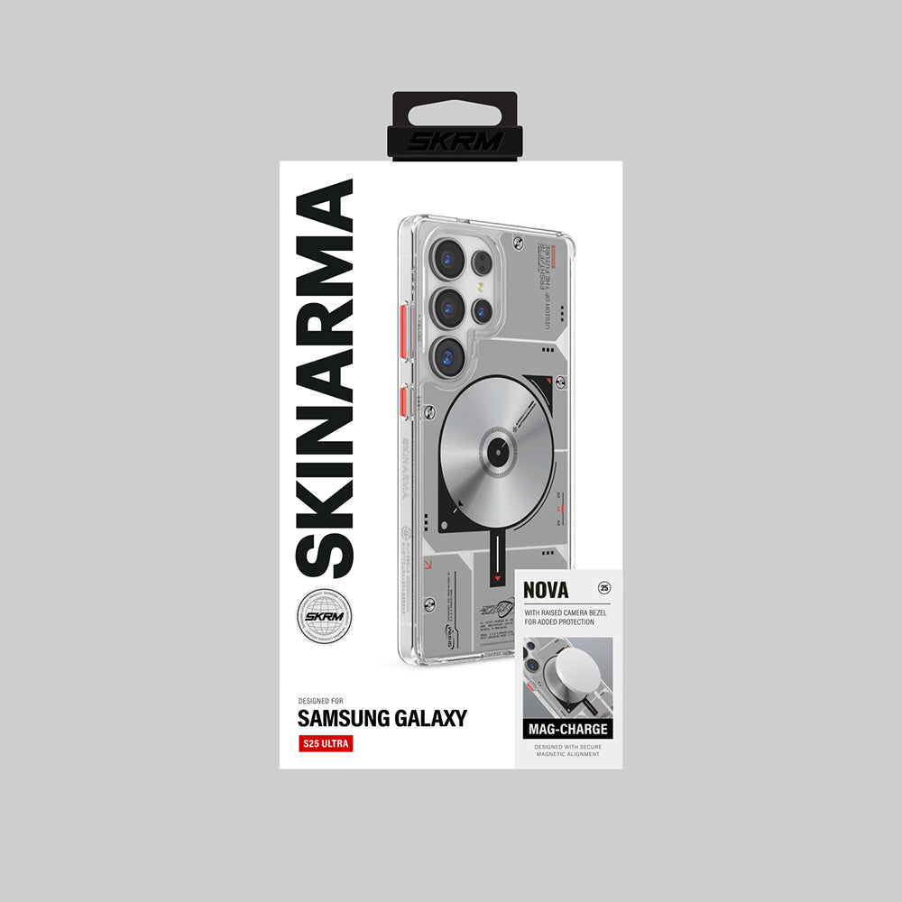 Galaxy S25 Ultra Kılıf M-safe Şarj Özellikli Disk Desenli Airbag Tasarımlı Skinarma Nova Kapak Şeffaf