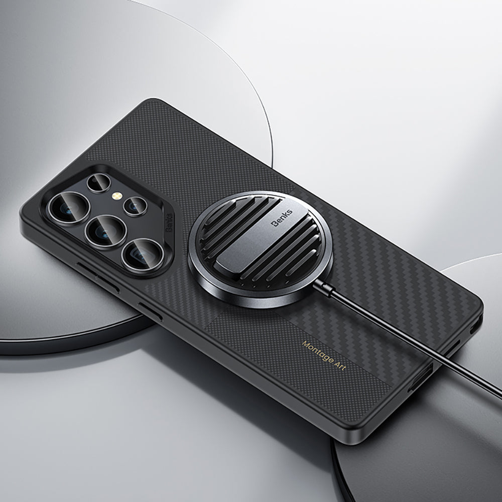 Galaxy S25 Ultra Kılıf Magsafe Şarj Özellikli Karbon Fiber Benks Montage Hybrid ArmorPro Kevlar Kapak Siyah