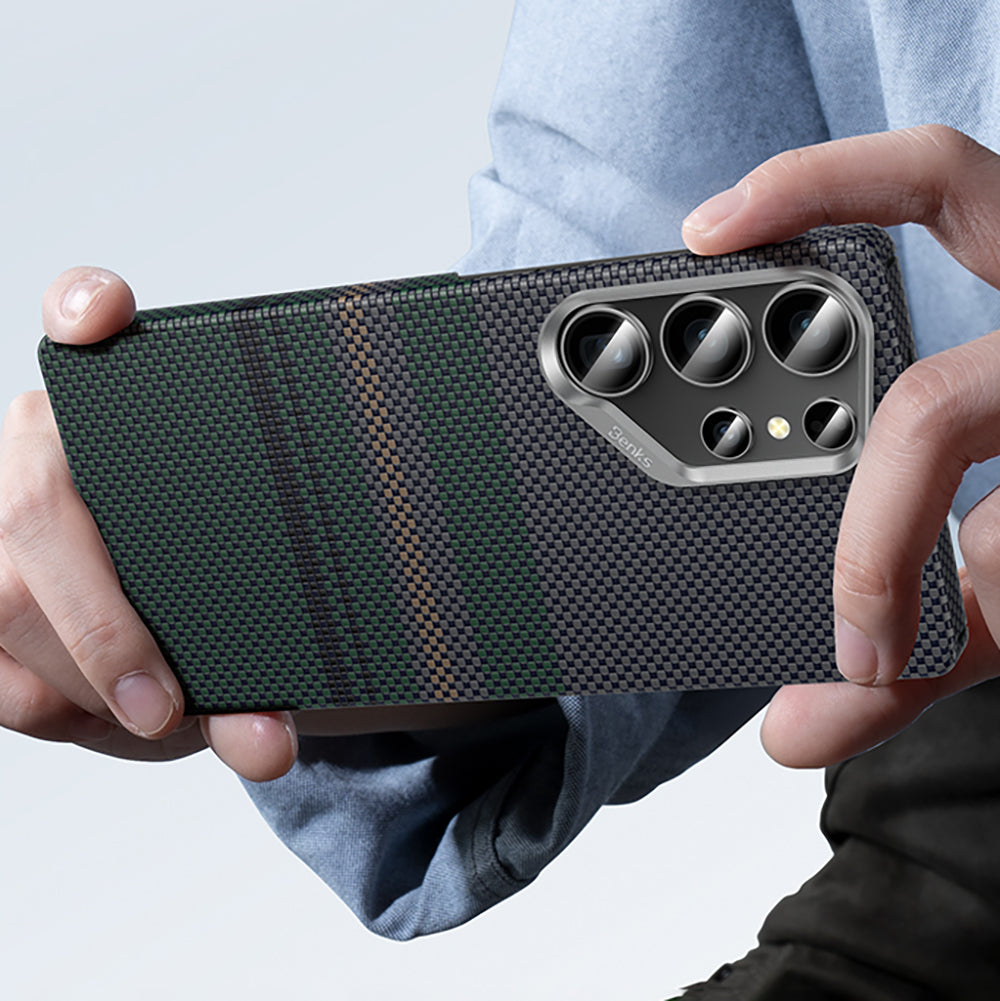 Galaxy S25 Ultra Kılıf Magsafe Şarj Özellikli Karbon Fiber Tasarımlı Benks Aurora ArmorAir Kevlar Kapak Yeşil