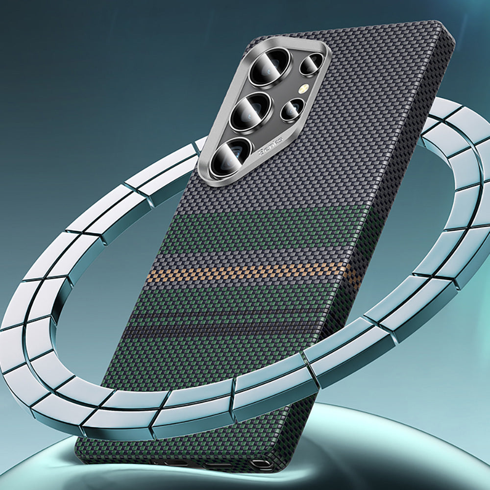 Galaxy S25 Ultra Kılıf Magsafe Şarj Özellikli Karbon Fiber Tasarımlı Benks Aurora ArmorAir Kevlar Kapak Yeşil