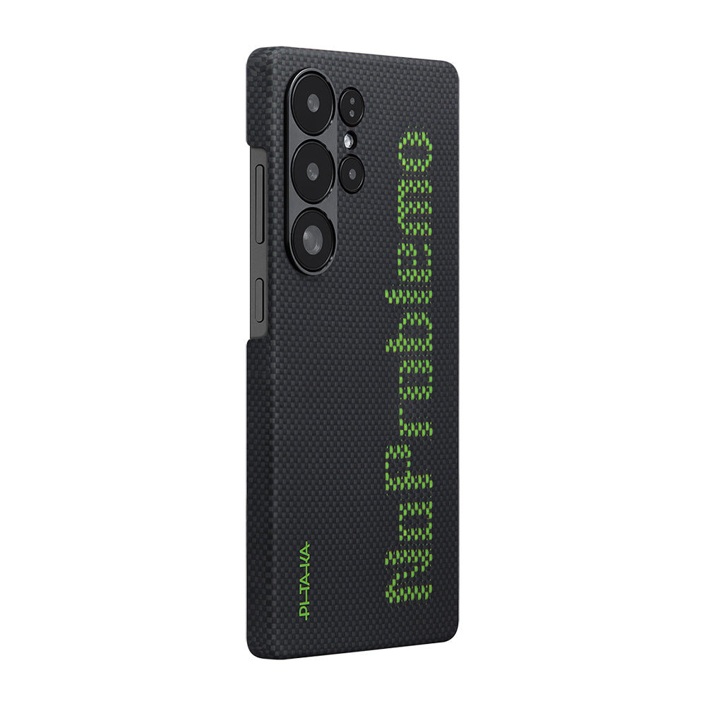 Galaxy S25 Ultra Kılıf  M-safe Şarj Özellikli Lumintex Teknolojili Fosforlu Aramid Fiber Pitaka Tactile Woven Aries Serisi Kapak Siyah-Yeşil