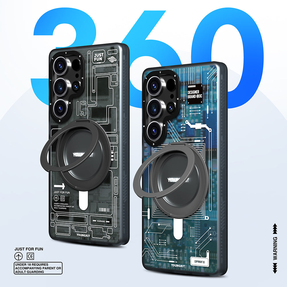 Galaxy S25 Ultra Kılıf M-safe Şarj Özellikli Youngkit 360° Standlı Technology Serisi Kapak Mavi