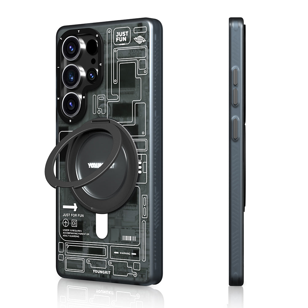 Galaxy S25 Ultra Kılıf M-safe Şarj Özellikli Youngkit 360° Standlı Technology Serisi Kapak Gri