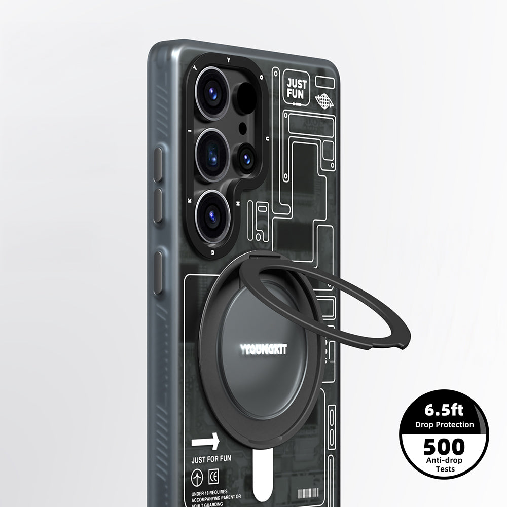 Galaxy S25 Ultra Kılıf M-safe Şarj Özellikli Youngkit 360° Standlı Technology Serisi Kapak Gri