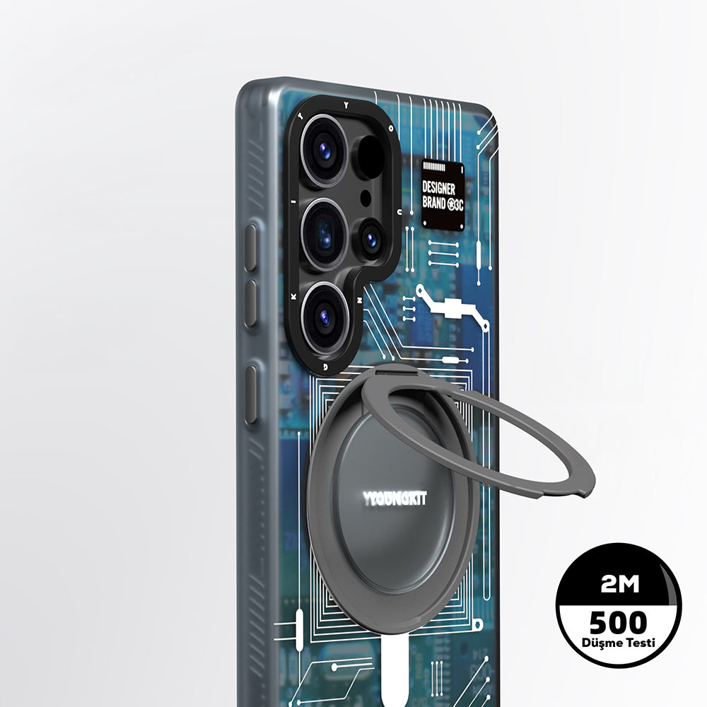 Galaxy S25 Ultra Kılıf M-safe Şarj Özellikli Youngkit 360° Standlı Technology Serisi Kapak Mavi