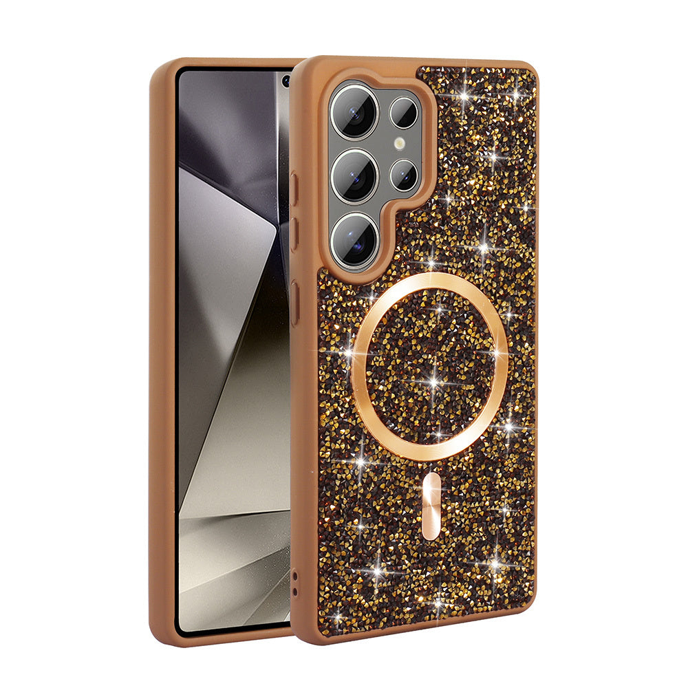 Galaxy S25 Ultra Kılıf Pırlanta Tasarımlı M-safe Şarj Özellikli Zore Mozaik Silikon Kapak Desert Titanyum