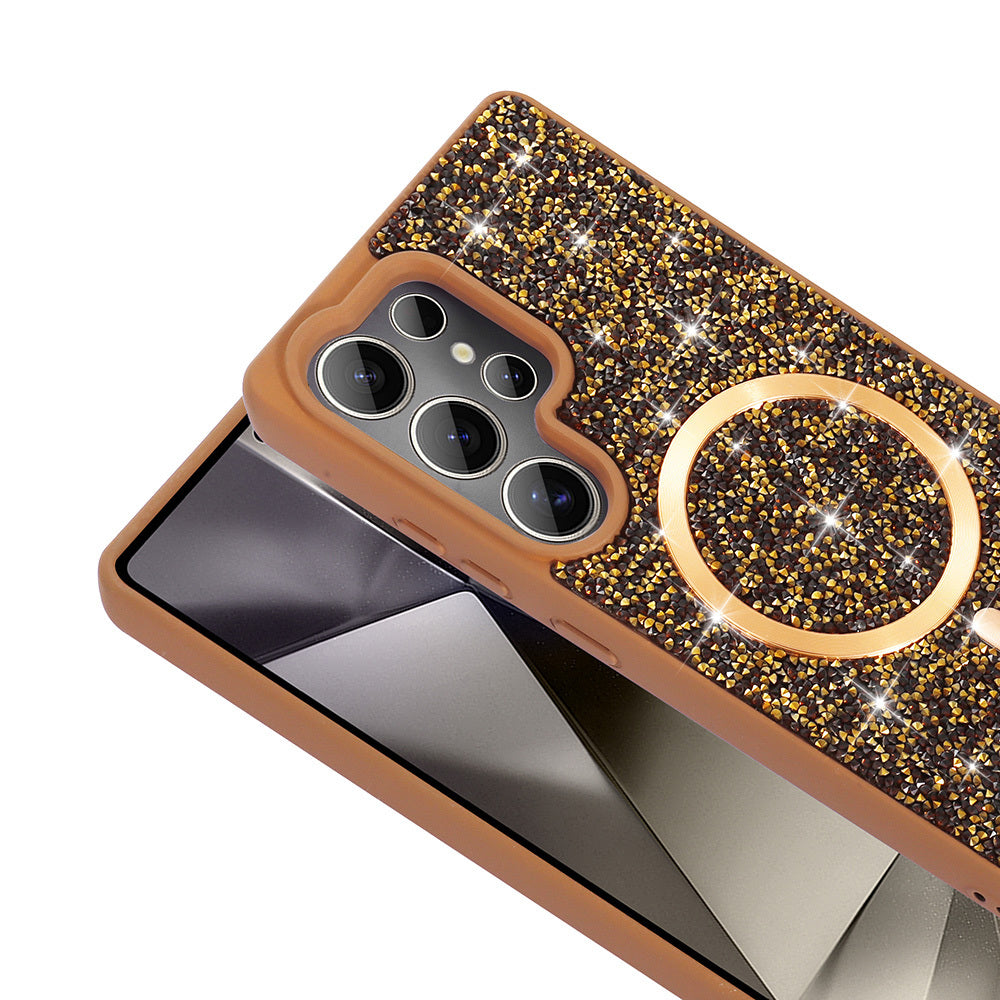 Galaxy S25 Ultra Kılıf Pırlanta Tasarımlı M-safe Şarj Özellikli Zore Mozaik Silikon Kapak Desert Titanyum