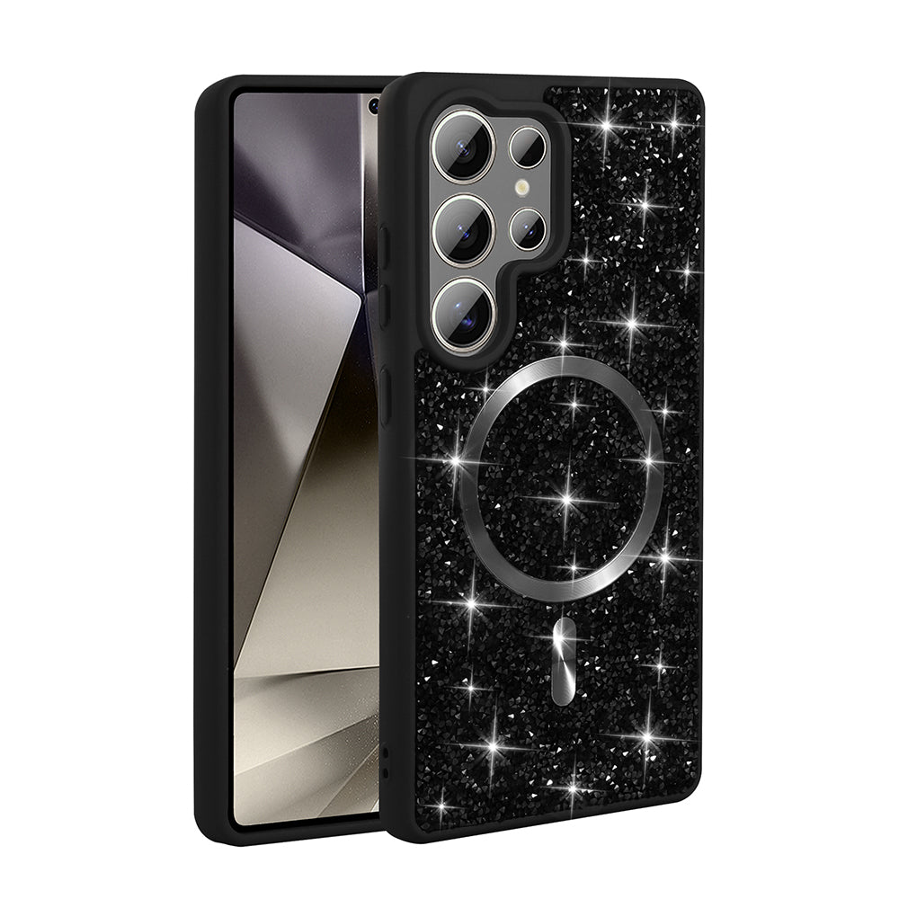 Galaxy S25 Ultra Kılıf Pırlanta Tasarımlı M-safe Şarj Özellikli Zore Mozaik Silikon Kapak Siyah