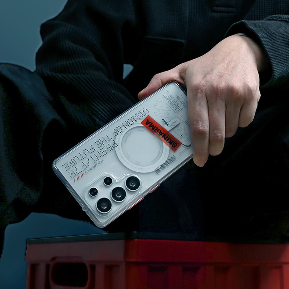 Galaxy S25 Ultra Kılıf Skinarma M-safe Şarj Özellikli Yazı Desenli Airbag Tasarımlı Orion Kapak Şeffaf