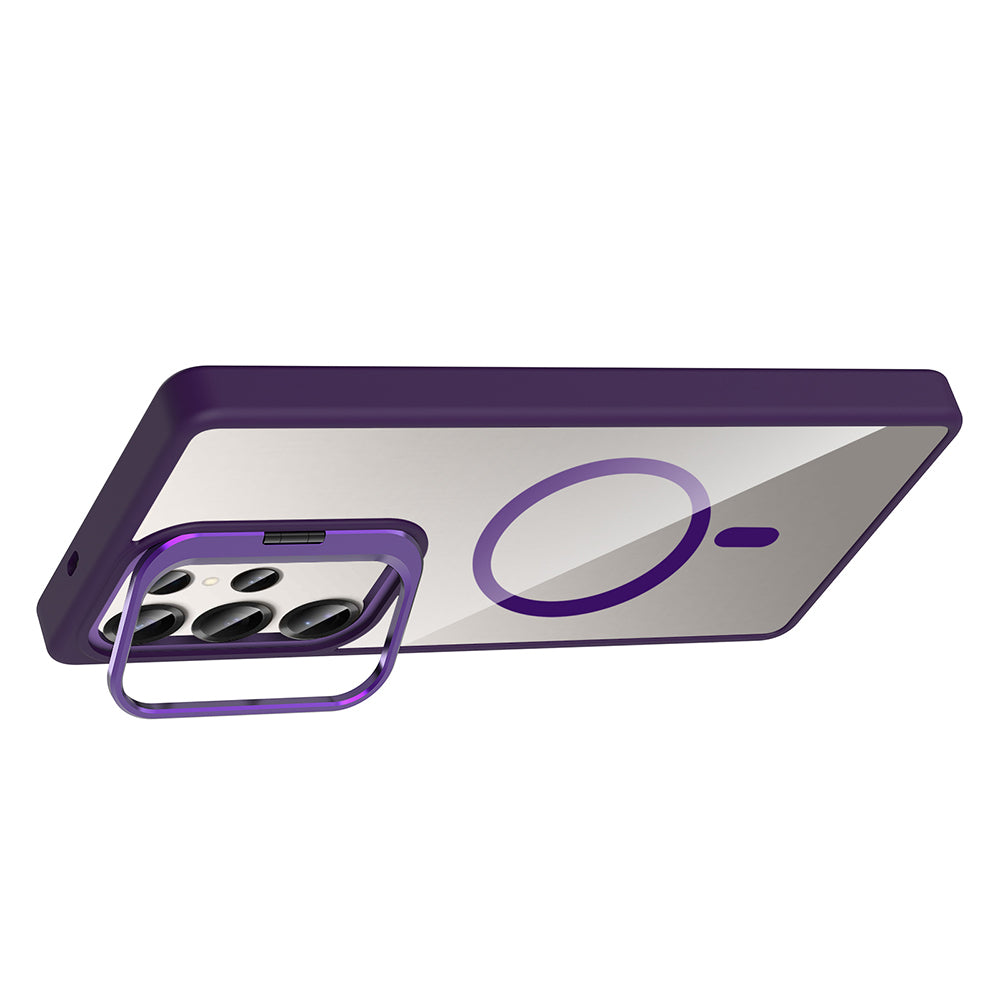 Galaxy S25 Ultra Kılıf Standlı ve Kamera Lens Hediyeli M-Safe Şarj Özellikli Zore Etro Kapak Derin Mor