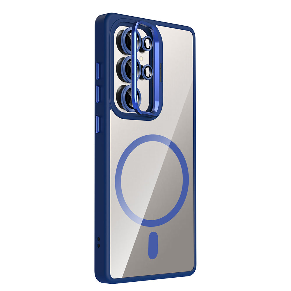 Galaxy S25 Ultra Kılıf Standlı ve Kamera Lens Hediyeli M-Safe Şarj Özellikli Zore Etro Kapak Gri