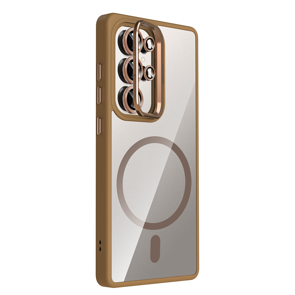 Galaxy S25 Ultra Kılıf Standlı ve Kamera Lens Hediyeli M-Safe Şarj Özellikli Zore Etro Kapak Lacivert