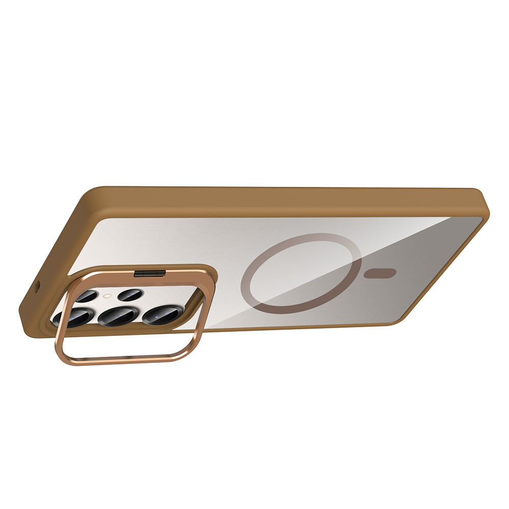 Galaxy S25 Ultra Kılıf Standlı ve Kamera Lens Hediyeli M-Safe Şarj Özellikli Zore Etro Kapak Desert Titanyum