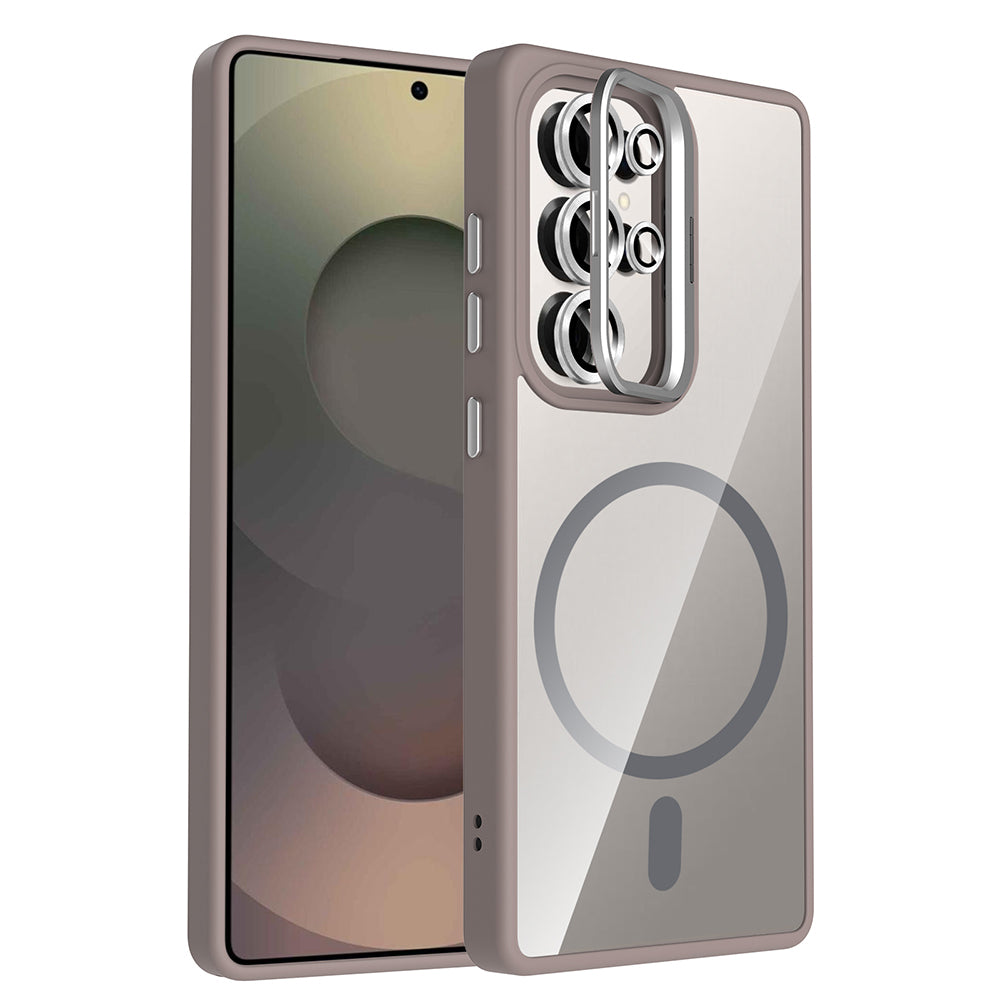 Galaxy S25 Ultra Kılıf Standlı ve Kamera Lens Hediyeli M-Safe Şarj Özellikli Zore Etro Kapak Derin Mor