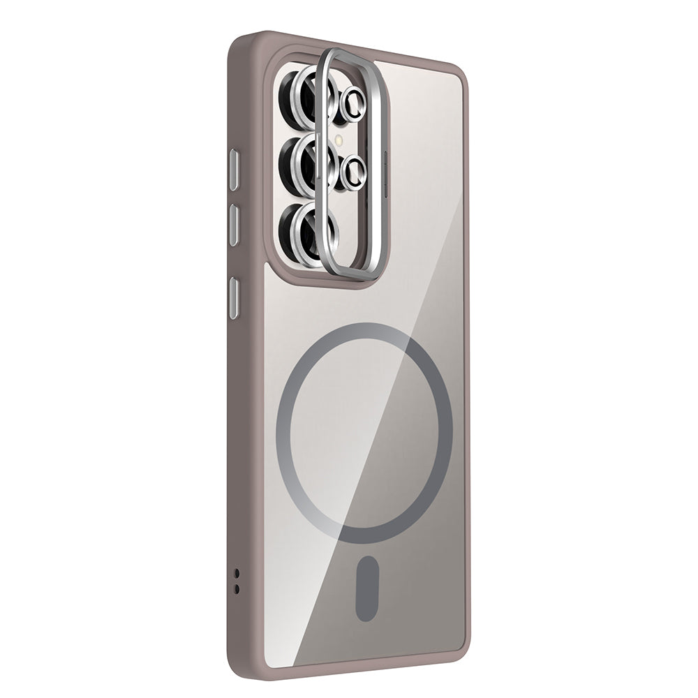 Galaxy S25 Ultra Kılıf Standlı ve Kamera Lens Hediyeli M-Safe Şarj Özellikli Zore Etro Kapak Desert Titanyum