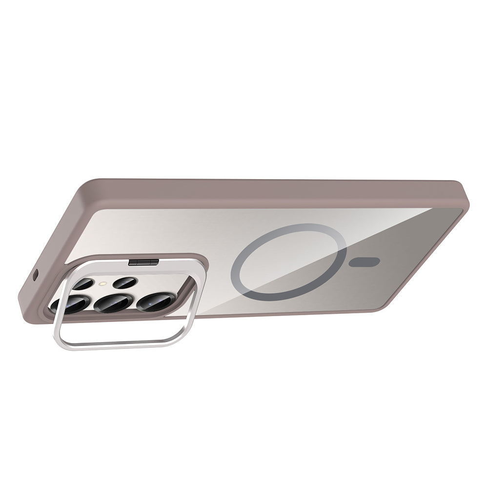 Galaxy S25 Ultra Kılıf Standlı ve Kamera Lens Hediyeli M-Safe Şarj Özellikli Zore Etro Kapak Pembe