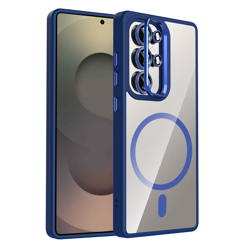 Galaxy S25 Ultra Kılıf Standlı ve Kamera Lens Hediyeli M-Safe Şarj Özellikli Zore Etro Kapak Lacivert