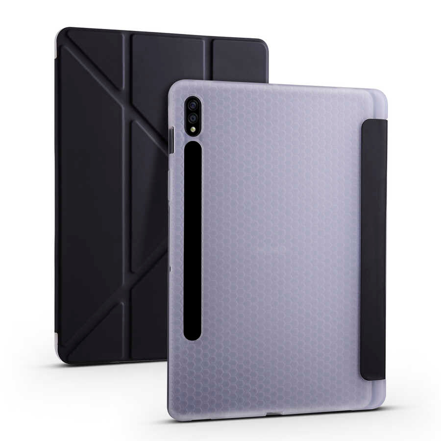 Galaxy Tab S7 Plus T970 Kılıf Zore Tri Folding Kalem Bölmeli Standlı Kılıf Siyah