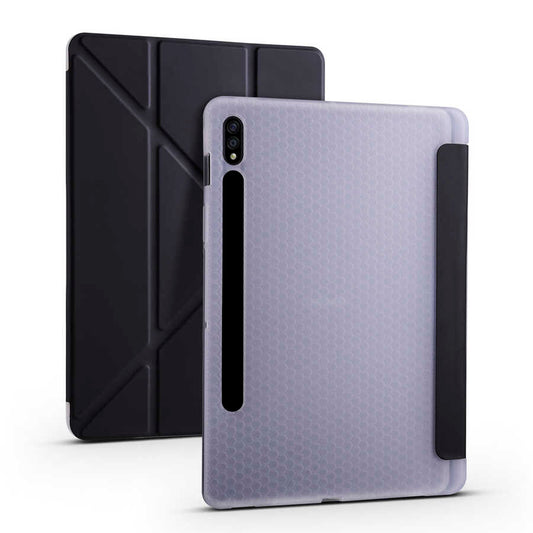 Galaxy Tab S7 Plus T970 Kılıf Zore Tri Folding Kalem Bölmeli Standlı Kılıf Siyah