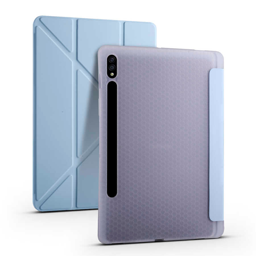 Galaxy Tab S7 Plus T970 Kılıf Zore Tri Folding Kalem Bölmeli Standlı Kılıf Mavi