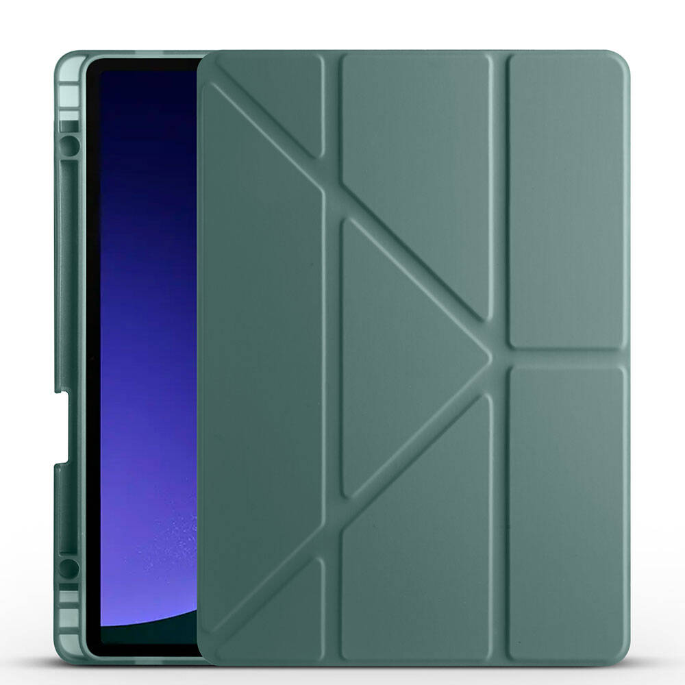 Galaxy Tab S9 FE Kılıf Zore Tri Folding Kalem Bölmeli Standlı Kılıf Koyu Yeşil