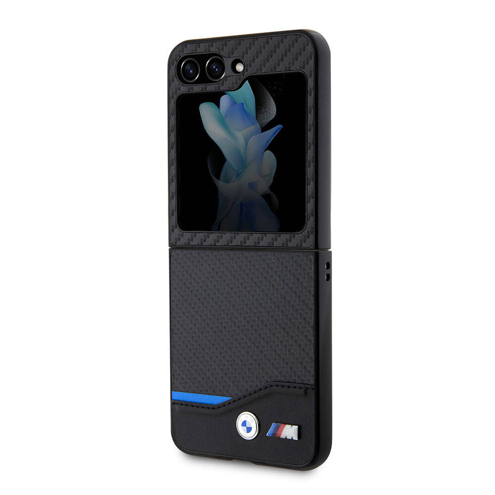 Galaxy Z Flip 5 Kılıf BMW Orjinal Lisanslı M Logolu PU Karbon Kapak Siyah