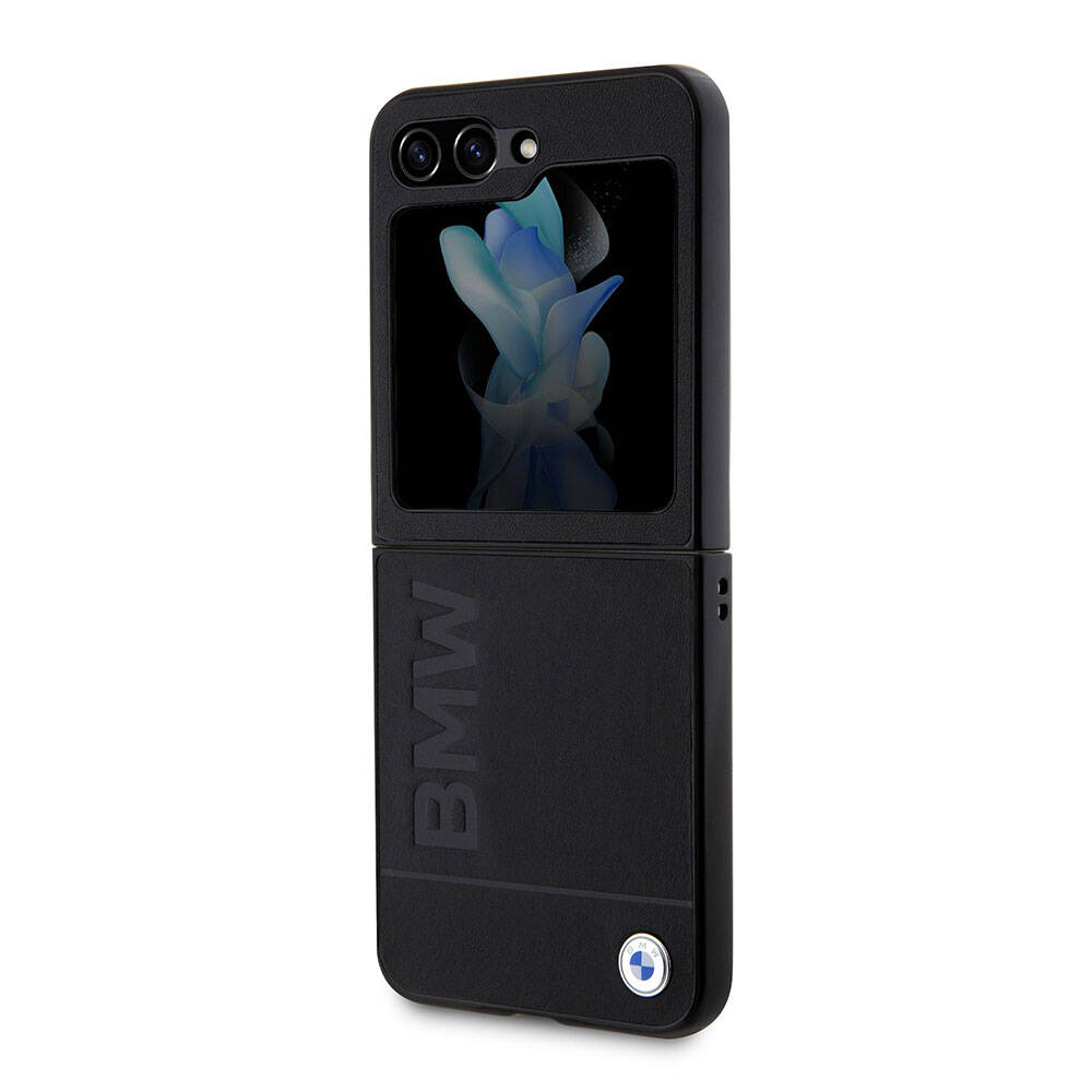 Galaxy Z Flip 5 Kılıf BMW Orjinal Lisanslı Sıcak Damga Logolu Deri Kapak Siyah