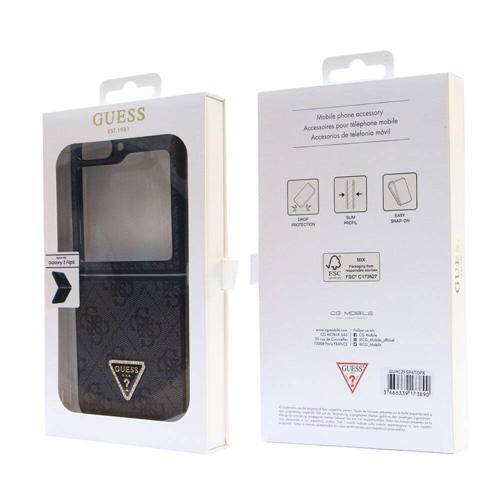 Galaxy Z Flip 5 Kılıf Guess Orjinal Lisanslı PU Deri Taşlı Üçgen Logo 4G Desenli Strass Kapak Siyah