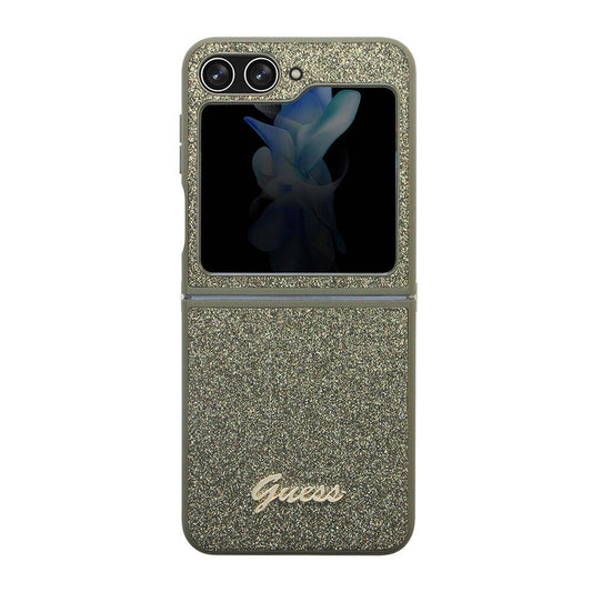 Galaxy Z Flip 5 Kılıf Guess Orjinal Lisanslı Yazı Logolu Glitter Flakes Kapak Haki