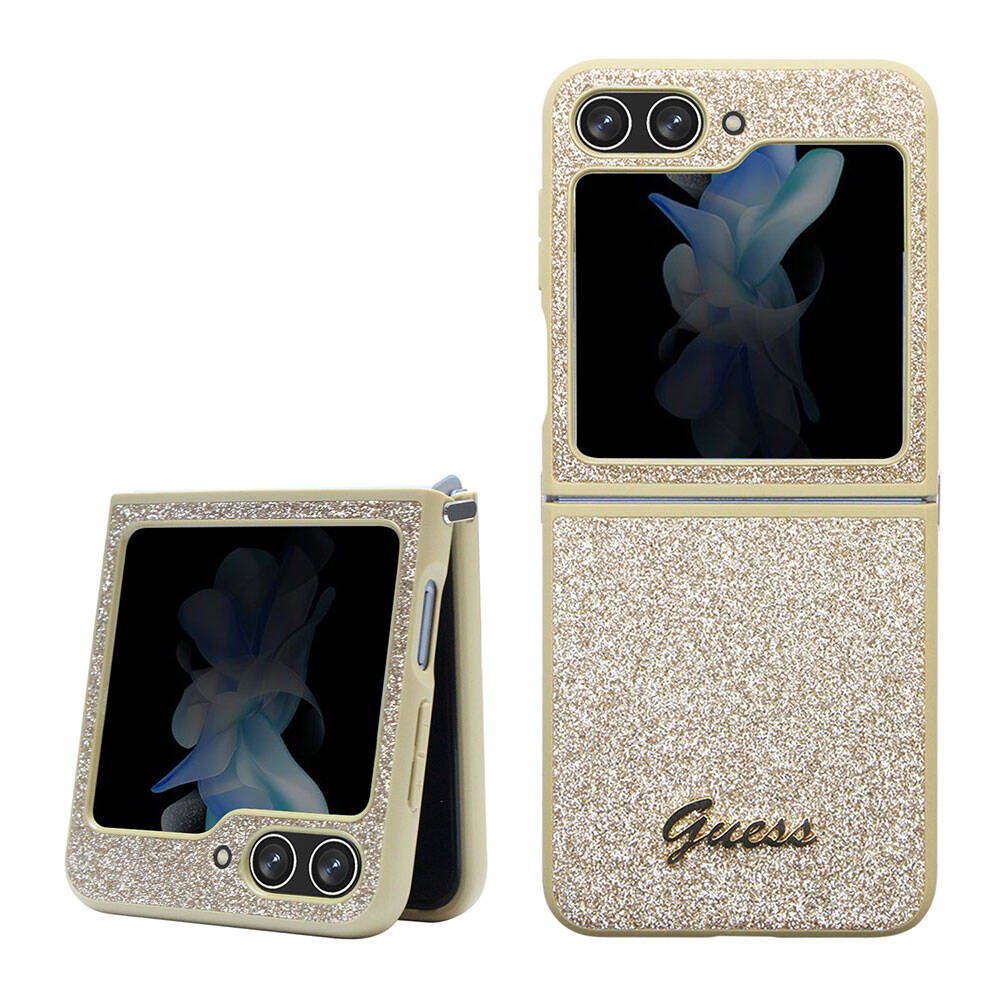 Galaxy Z Flip 5 Kılıf Guess Orjinal Lisanslı Yazı Logolu Glitter Script Kapak Gold