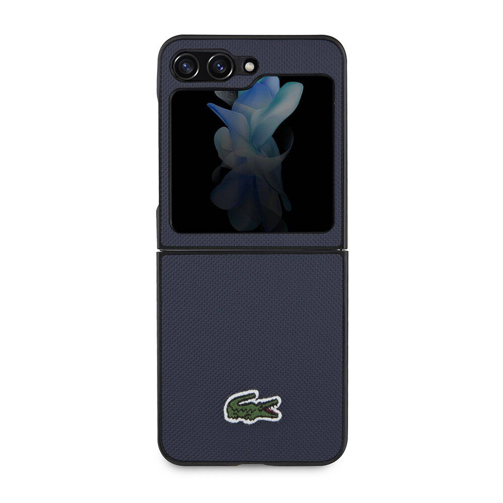 Galaxy Z Flip 5 Kılıf Lacoste Orjinal Lisanslı PU Pike Desenli Arka Yüzey İkonik Timsah Dokuma Logolu Kapak Siyah