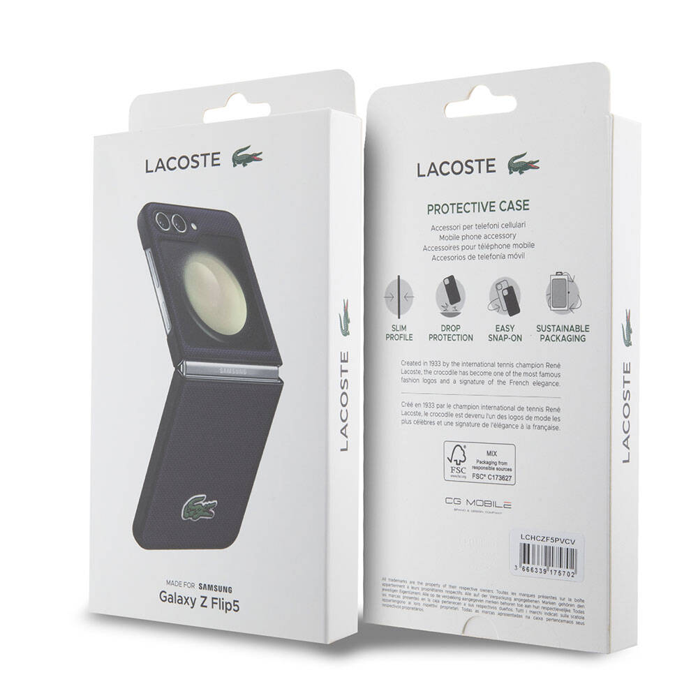 Galaxy Z Flip 5 Kılıf Lacoste Orjinal Lisanslı PU Pike Desenli Arka Yüzey İkonik Timsah Dokuma Logolu Kapak Siyah