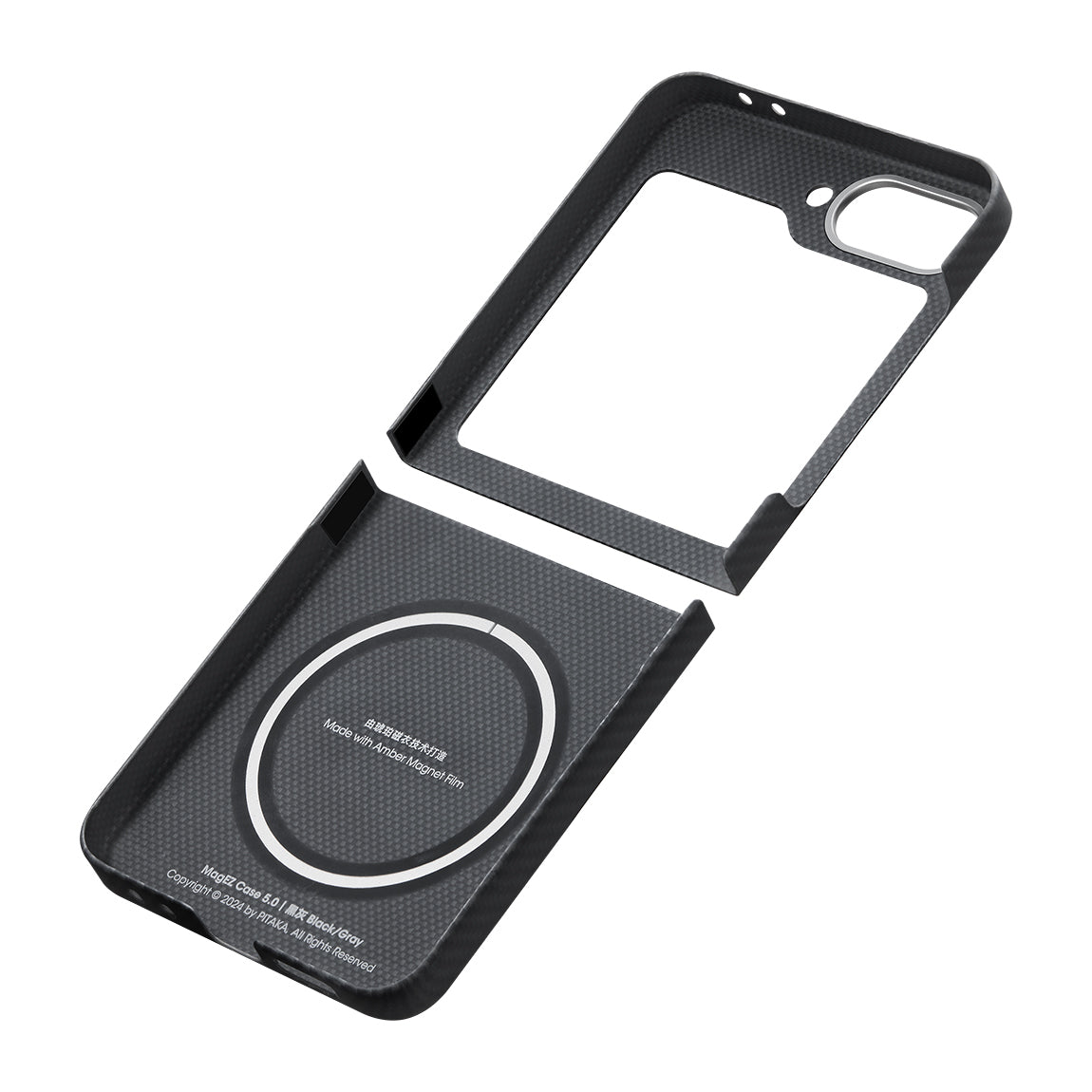 Galaxy Z Flip 6 Kılıf Magsafe Şarj Özellikli 600D Aramid Fiber Pitaka Ultra-Slim Classic Serisi Black-Grey Twill Kapak Siyah-Gri