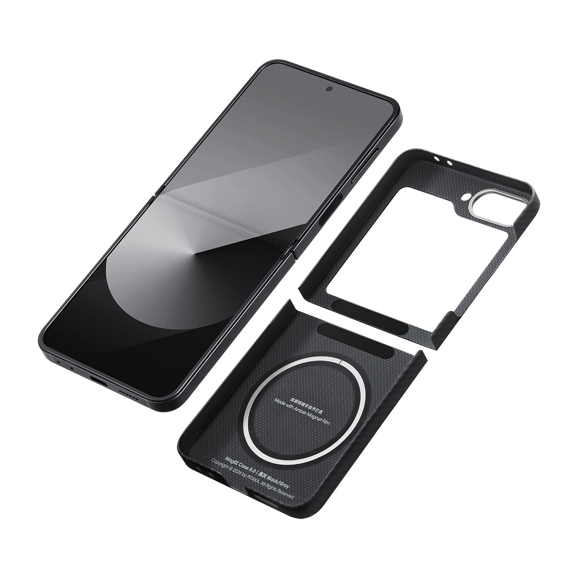 Galaxy Z Flip 6 Kılıf Magsafe Şarj Özellikli 600D Aramid Fiber Pitaka Ultra-Slim Classic Serisi Black-Grey Twill Kapak Siyah-Gri