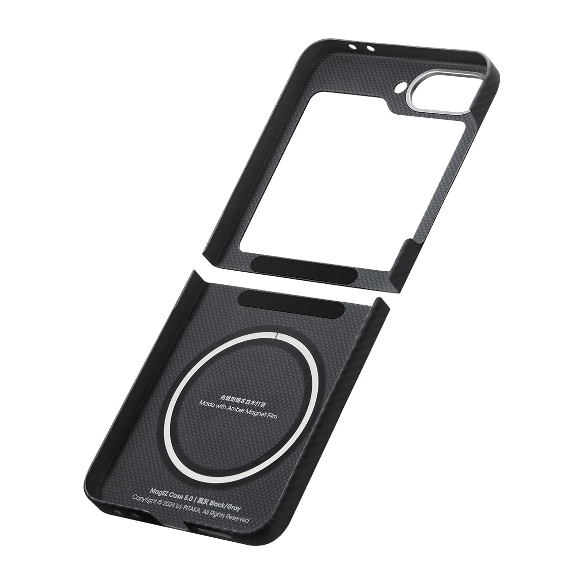 Galaxy Z Flip 6 Kılıf Magsafe Şarj Özellikli 600D Aramid Fiber Pitaka Ultra-Slim Classic Serisi Black-Grey Twill Kapak Siyah-Gri