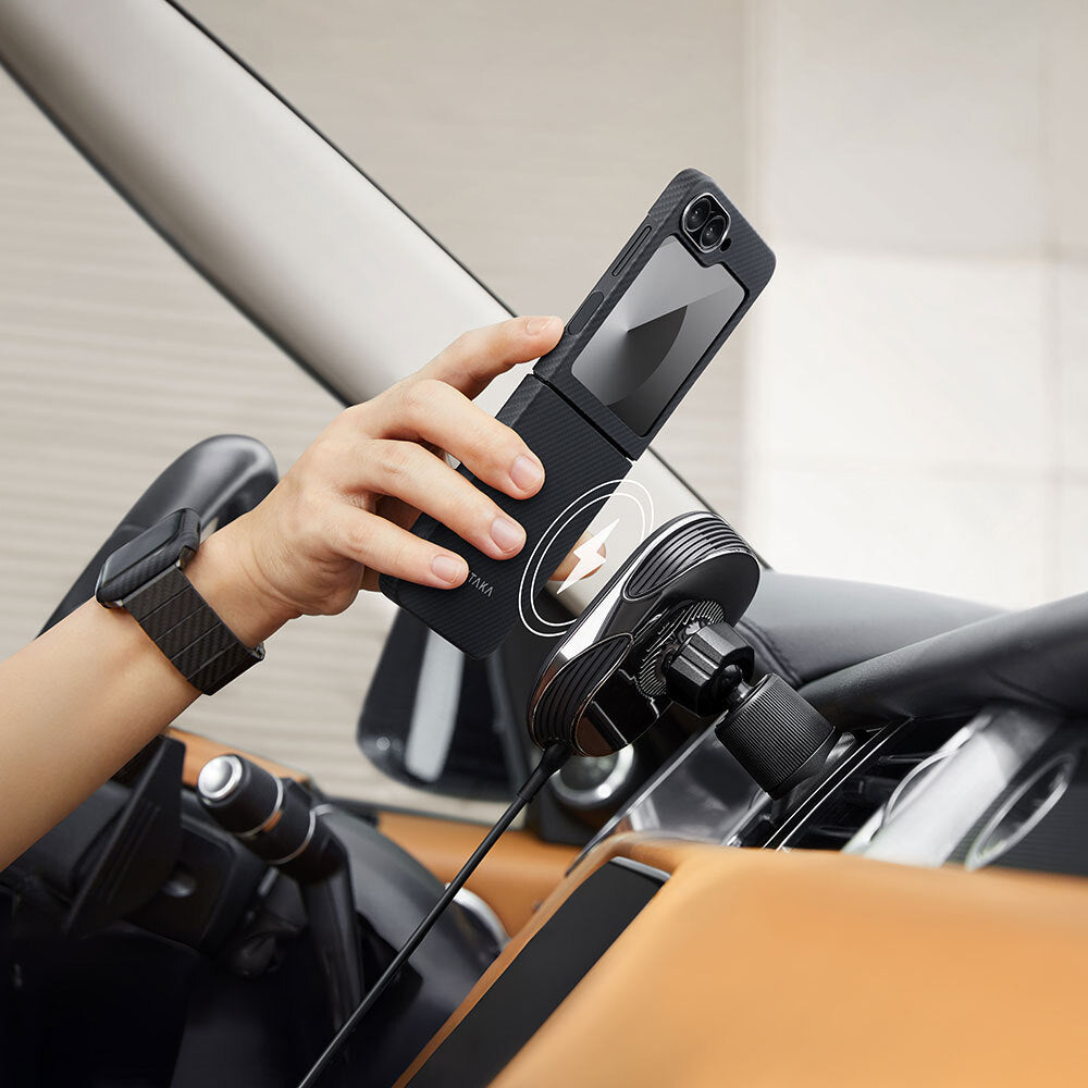 Galaxy Z Flip 6 Kılıf Magsafe Şarj Özellikli 600D Aramid Fiber Pitaka Ultra-Slim Classic Serisi Black-Grey Twill Kapak Siyah-Gri