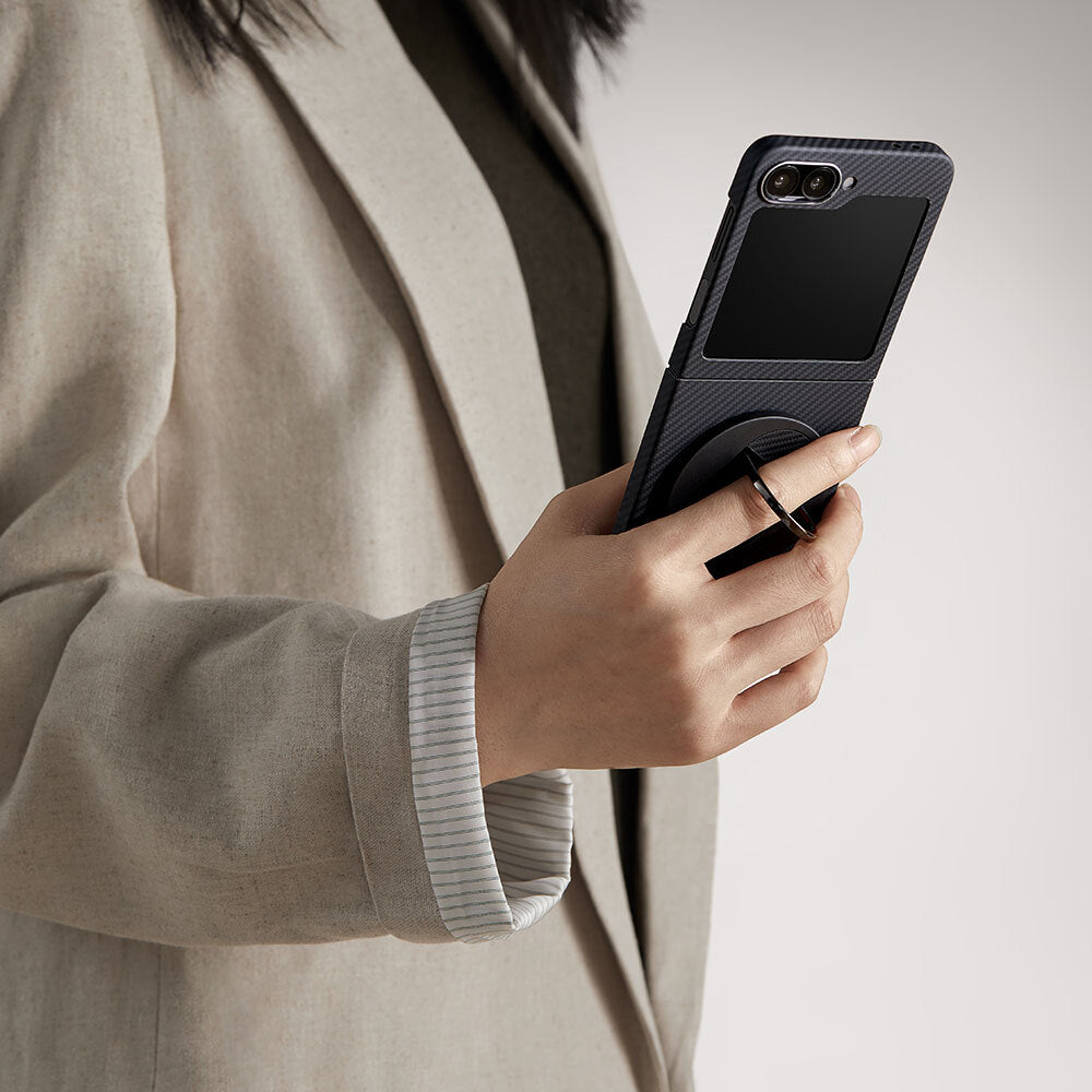 Galaxy Z Flip 6 Kılıf Magsafe Şarj Özellikli 600D Aramid Fiber Pitaka Ultra-Slim Classic Serisi Black-Grey Twill Kapak Siyah-Gri