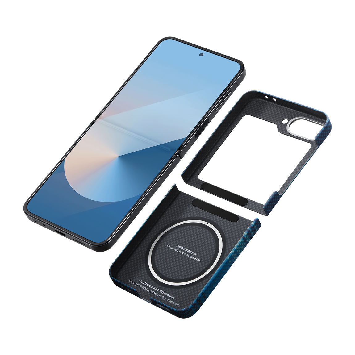 Galaxy Z Flip 6 Kılıf Magsafe Şarj Özellikli Aramid Fiber Pitaka Tactile Woven Sunset-Moonrise Serisi Moonrise Kapak Mavi