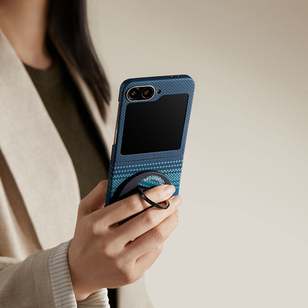 Galaxy Z Flip 6 Kılıf Magsafe Şarj Özellikli Aramid Fiber Pitaka Tactile Woven Sunset-Moonrise Serisi Moonrise Kapak Mavi