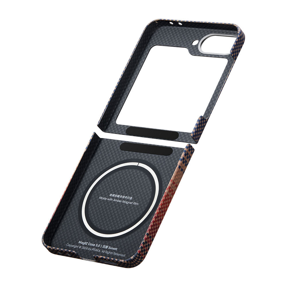 Galaxy Z Flip 6 Kılıf Magsafe Şarj Özellikli Aramid Fiber Pitaka Tactile Woven Sunset-Moonrise Serisi Sunset Kapak Kahverengi