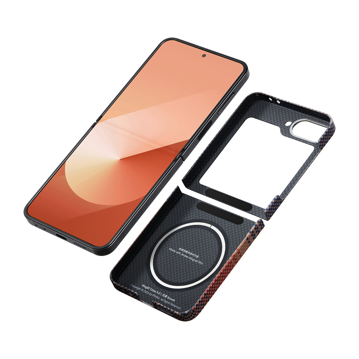 Galaxy Z Flip 6 Kılıf Magsafe Şarj Özellikli Aramid Fiber Pitaka Tactile Woven Sunset-Moonrise Serisi Sunset Kapak Kahverengi