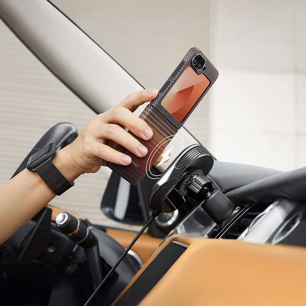 Galaxy Z Flip 6 Kılıf Magsafe Şarj Özellikli Aramid Fiber Pitaka Tactile Woven Sunset-Moonrise Serisi Sunset Kapak Kahverengi